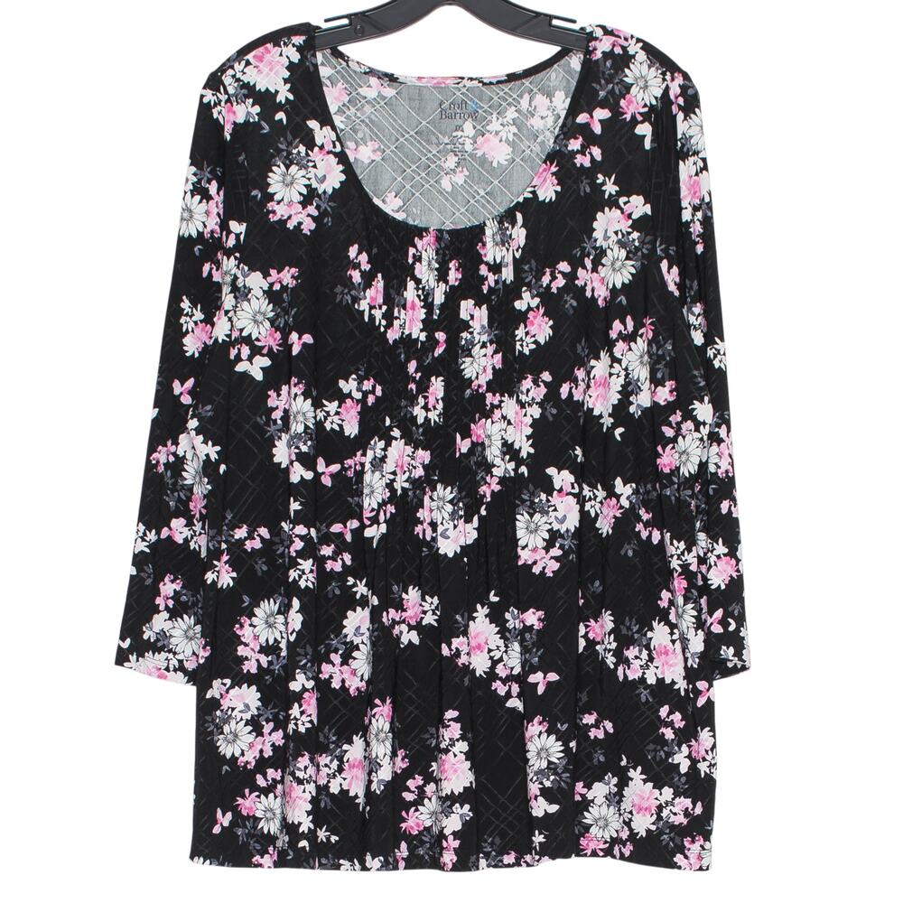 Croft & Barrow Tunic Top 3/4 Sleeve Dark Floral Office Pleated Stretch Black XXL
